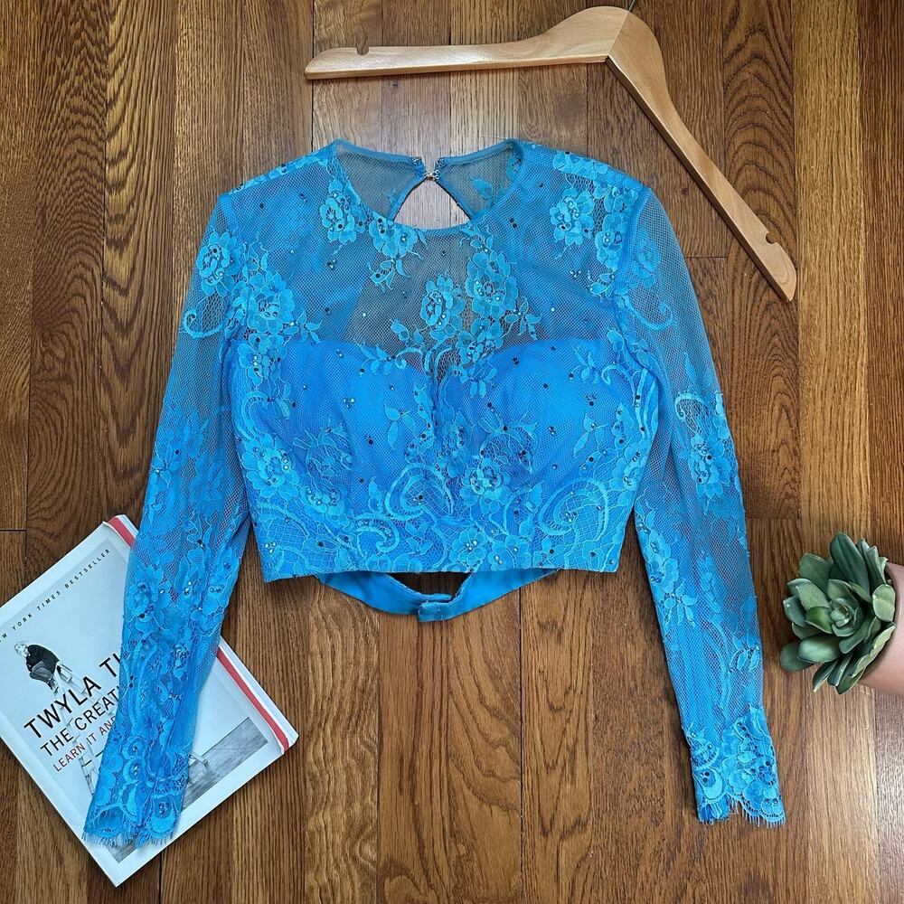 Sherri Hill Bright Blue Lace Rhinestone Long Sleeve Crop Top